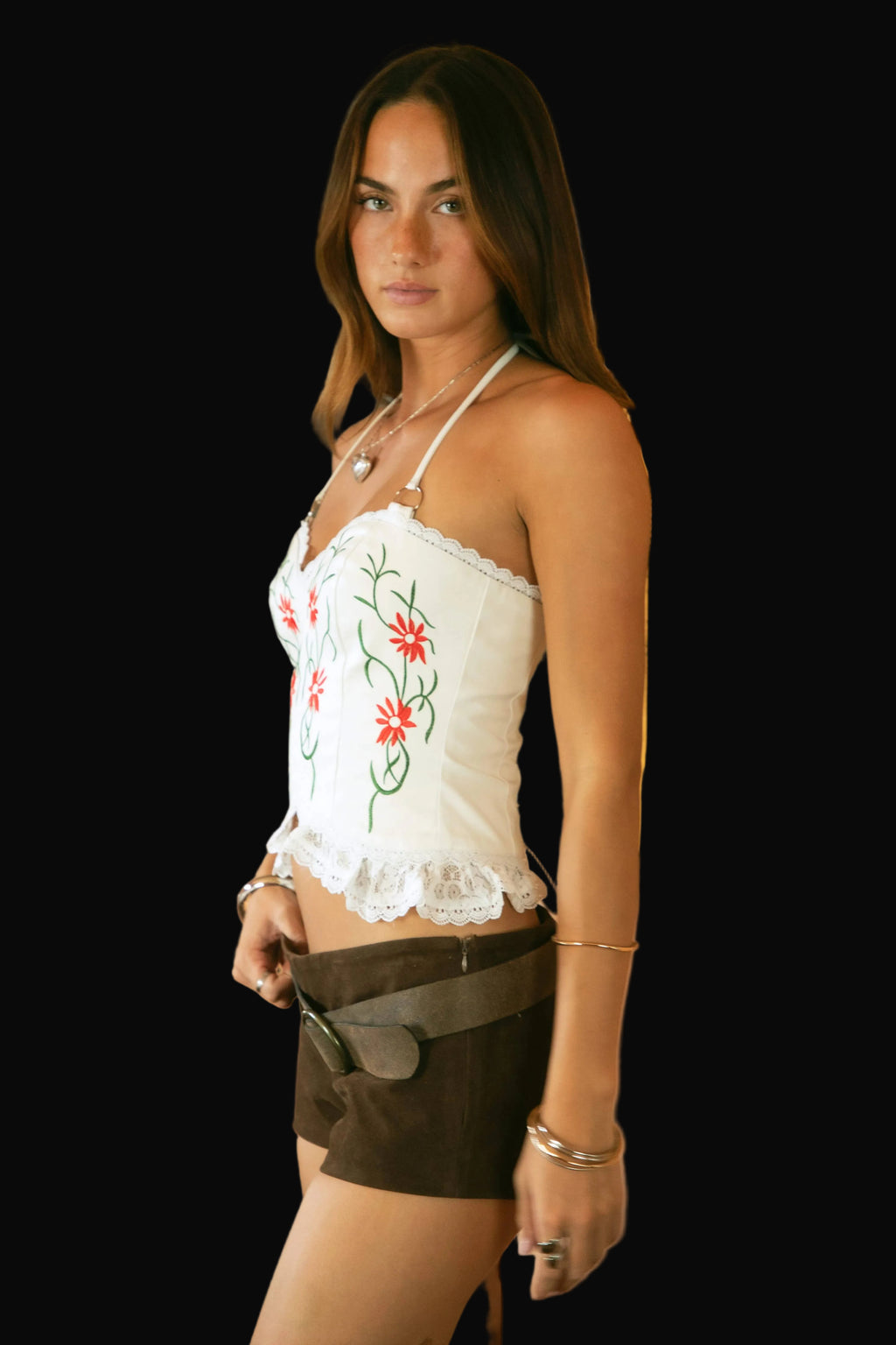 Leather Floral Embroidered Top Contrast Lace Trim: White
