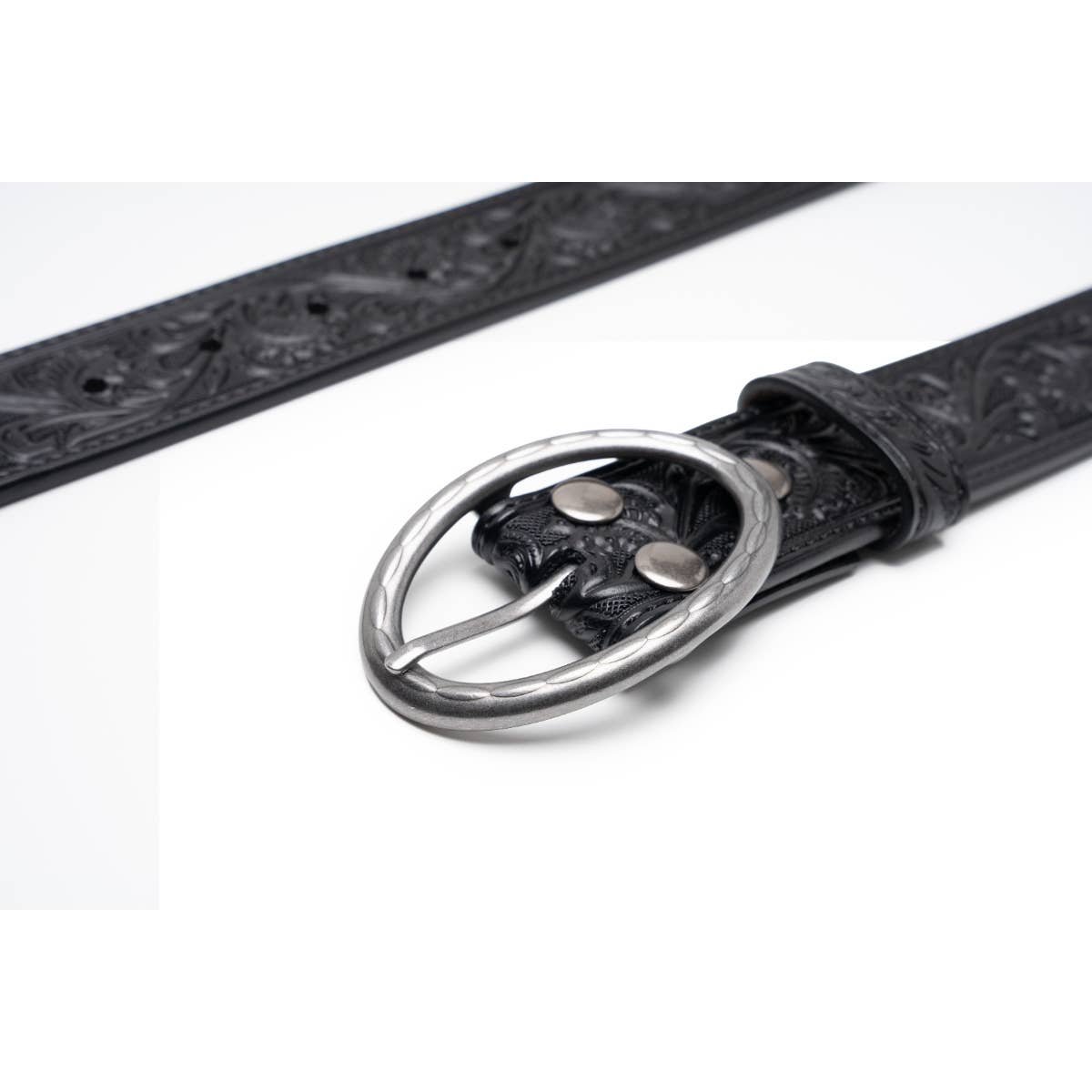 Floral Tooled Leather Western Belt with Antique Silver Buckle: Black