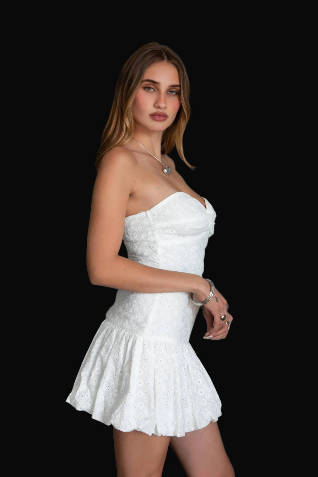 Embroidered Strapless Bubble Hem Mini Dress