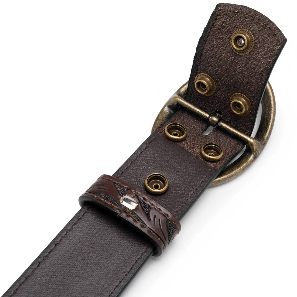 Floral Tooled Leather Western Belt with Antique Brass Buckle: Brown