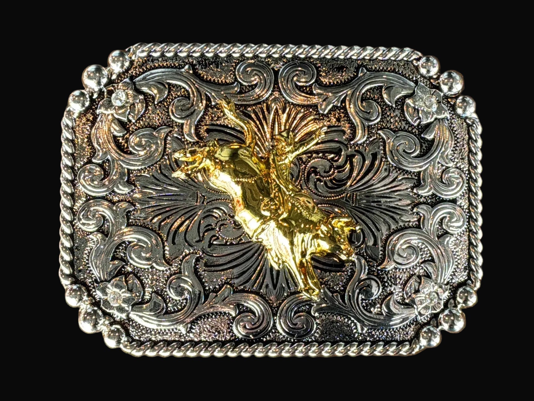 Silver/Gold Bull Rider Belt Buckle - Rectangle