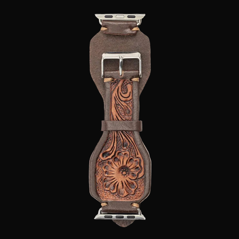 Lone Star Handtooled Leather Watch Band in Antique Mahogany