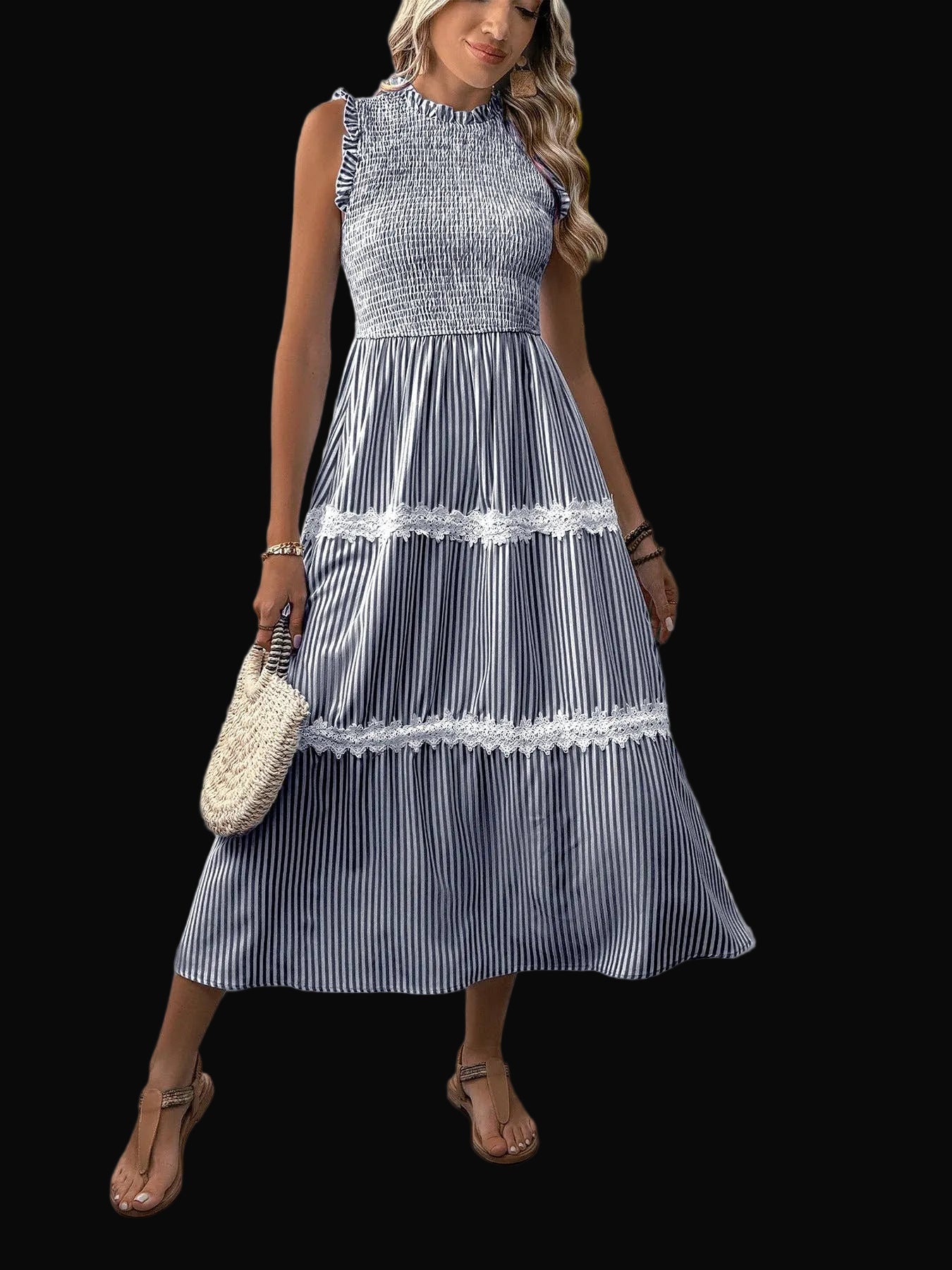 Sleeveless Striped Lace Midi Dress Ruffled A-Line Summer