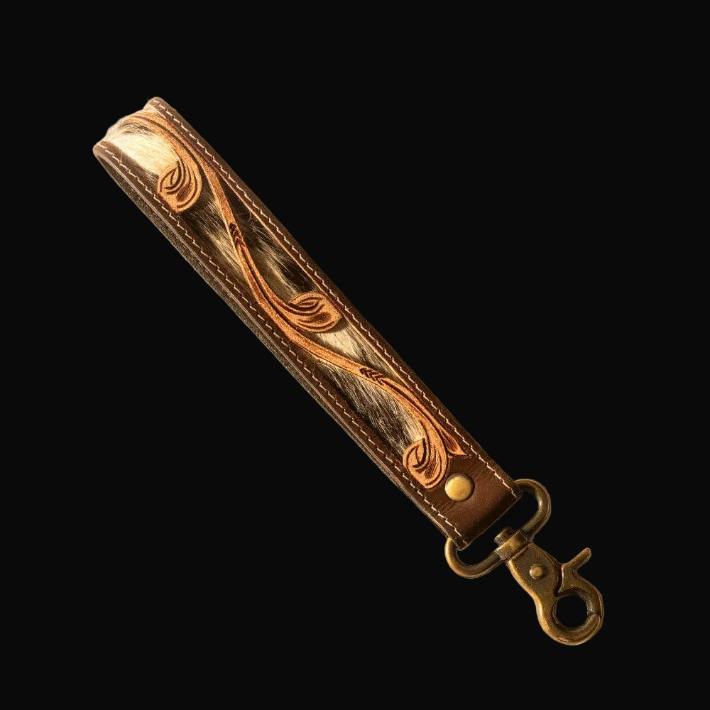 Wildvine Pony Western Handtooled Key Fob in Brown With Hairon Detail