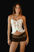 Leather Floral Embroidered Top Contrast Lace Trim: White