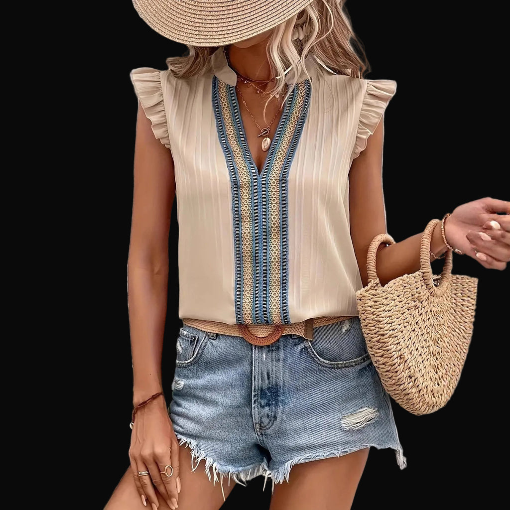 Women's Vintage Lace Collar Sleeveless Ruffle Blouse: Khaki