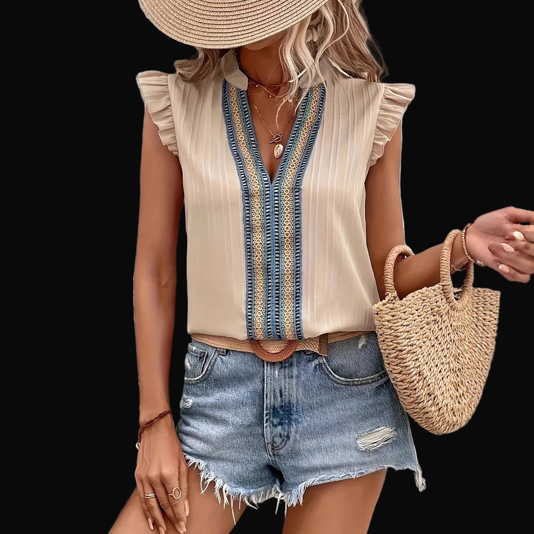 Women's Vintage Lace Collar Sleeveless Ruffle Blouse: Khaki
