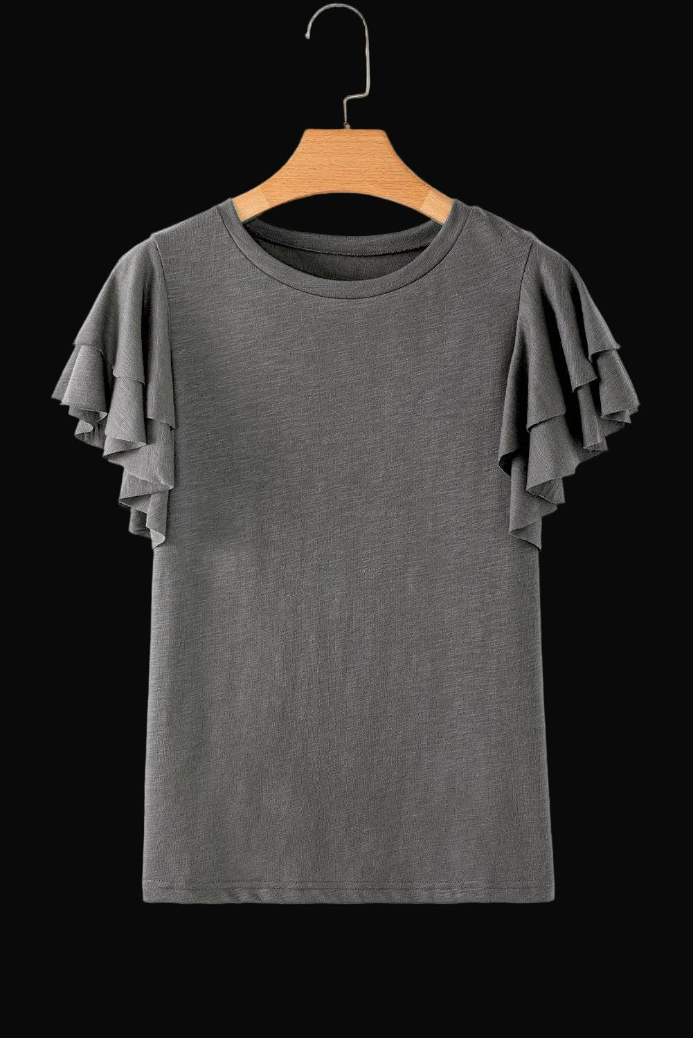 Dark Grey Ruffle Sleeve Tee Casual Summer Top: Dark Grey