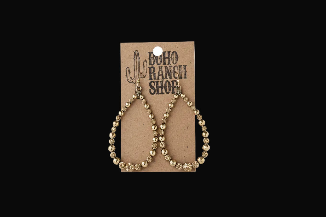 Western Style Open Teardrop Rhinestone Hoop Dangle Earrings: Gold