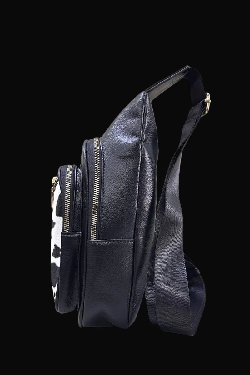 Desheng Cow Print Crossbody Sling Bag: Black