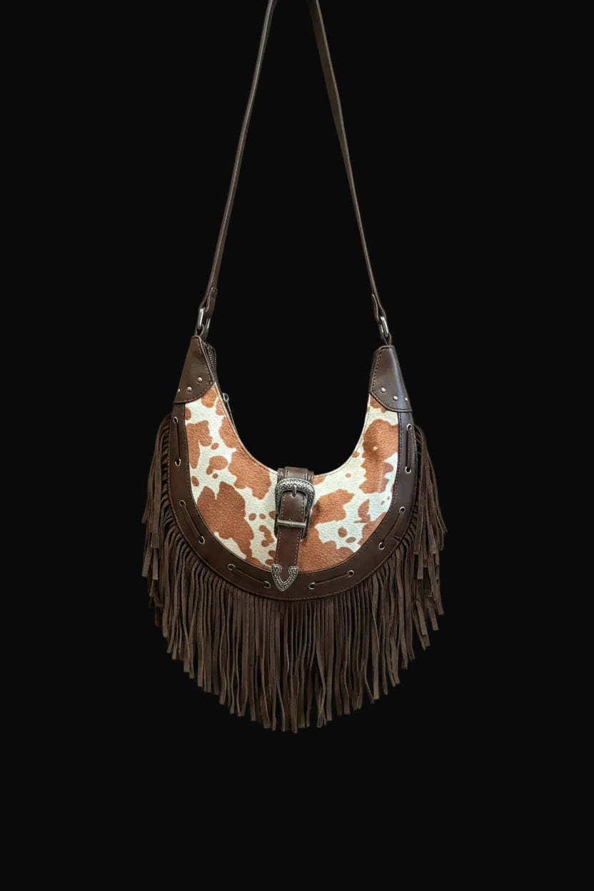 Cow Print Leather Fringe Bag - Cow Print Brown