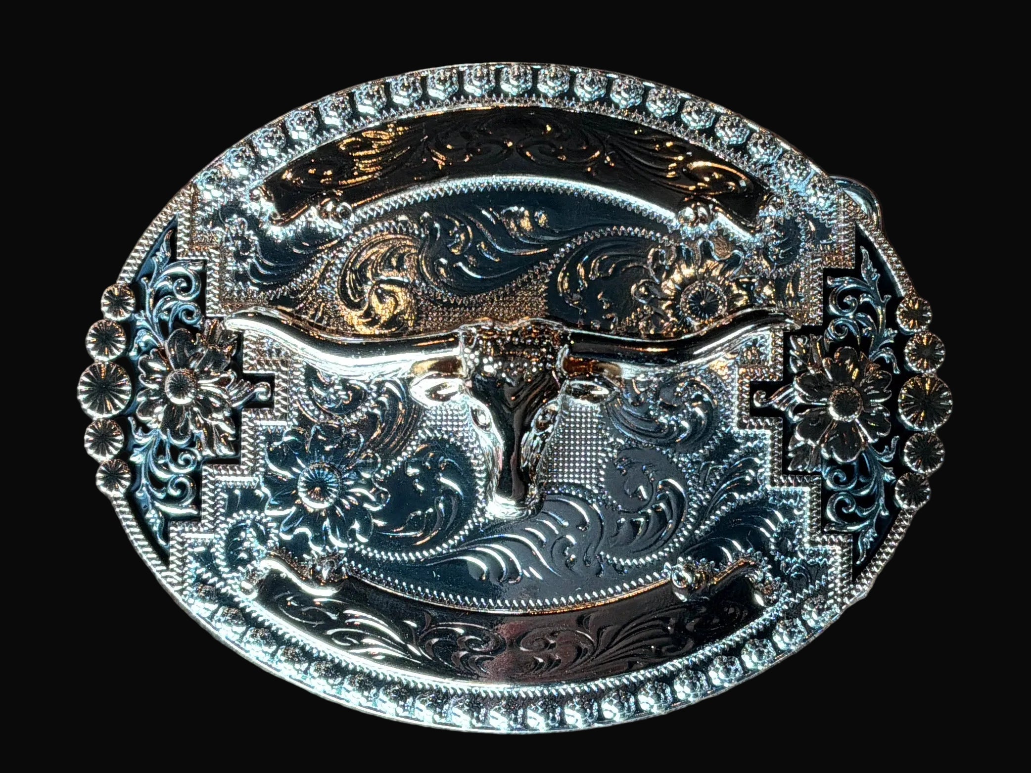 Rose Gold/Silver Floral Longhorn Oval Belt Buckle