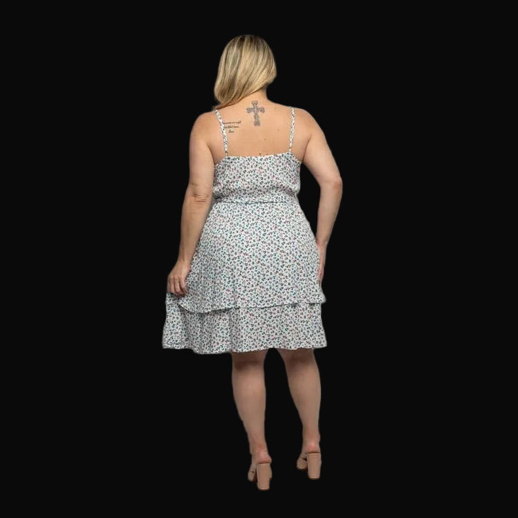 PLUS SIZE DITSY FLORAL TIE WAIST TIERED MIDI DRESS: White