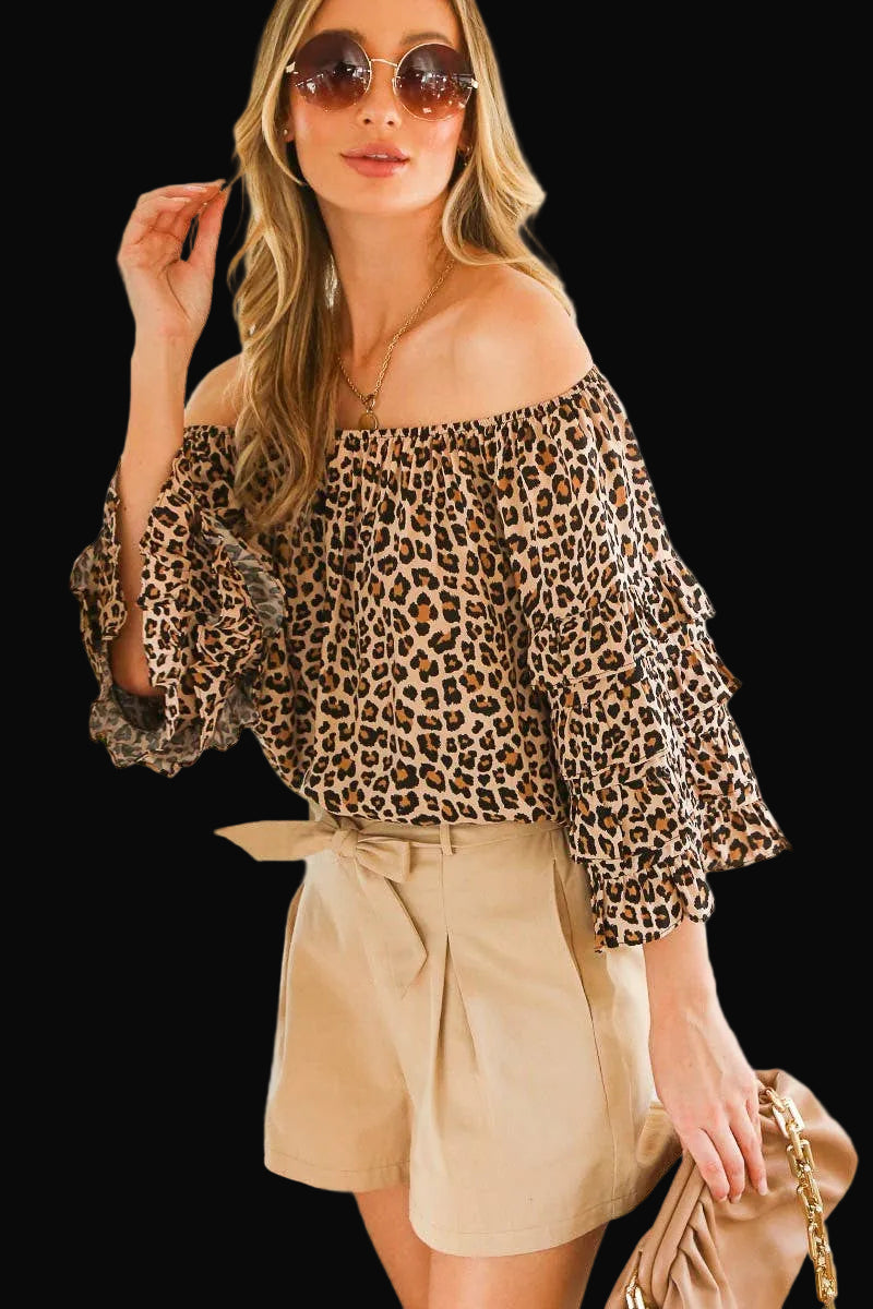 Off Shoulder Layered Ruffled Leopard Casual Tops - Brown