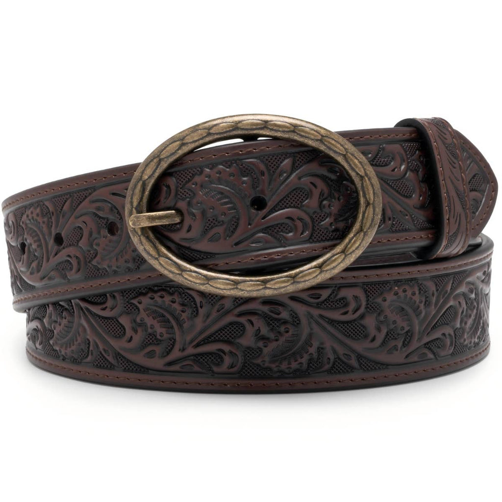 Floral Tooled Leather Western Belt with Antique Brass Buckle: Brown
