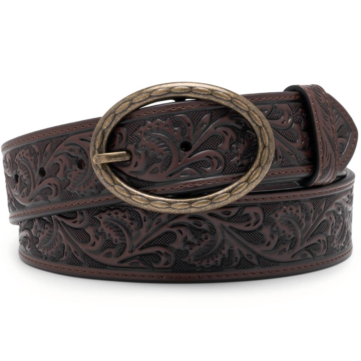 Floral Tooled Leather Western Belt with Antique Brass Buckle: Brown