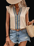 Women's Vintage Lace Collar Sleeveless Ruffle Blouse: Khaki