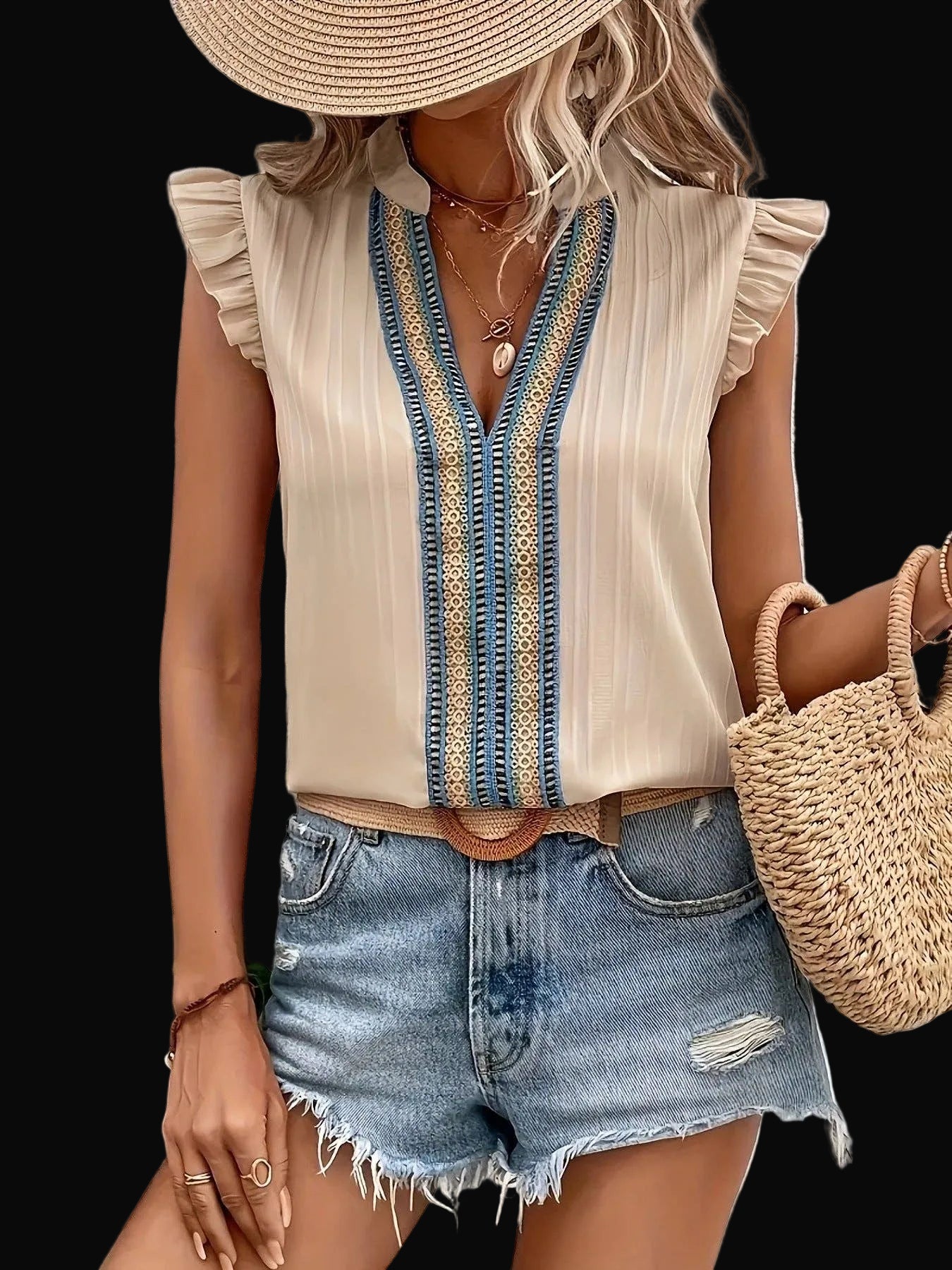 Women's Vintage Lace Collar Sleeveless Ruffle Blouse: Khaki