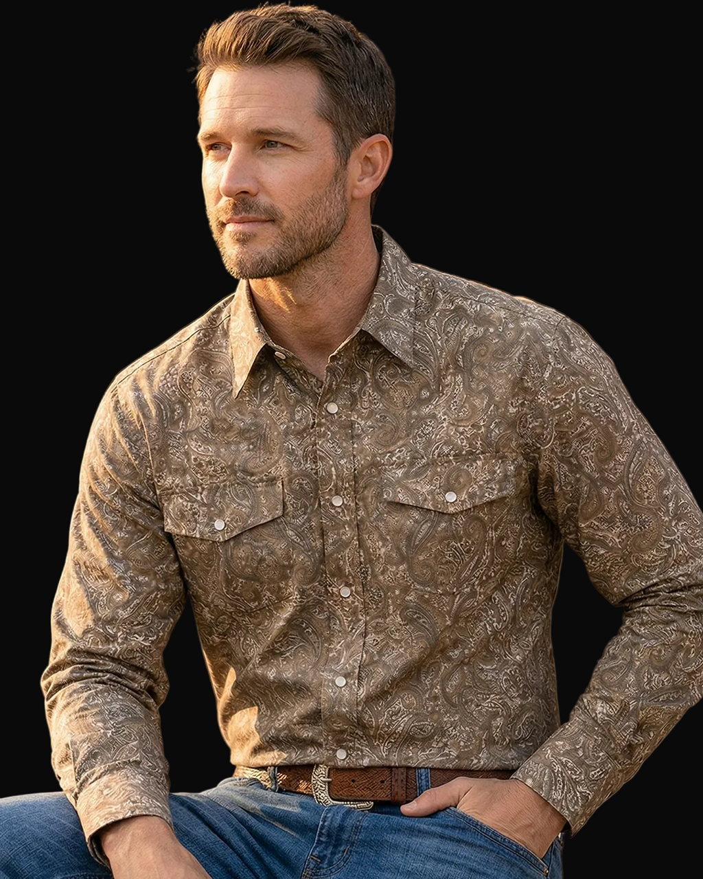 MontanaCo Mens Premium Cotton Western Snaps Long Sleeve Shirt: Brown