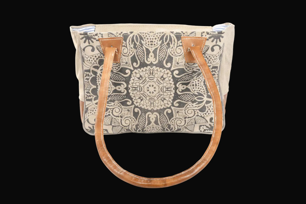 Tan Canvas Shoulder Bag With Print