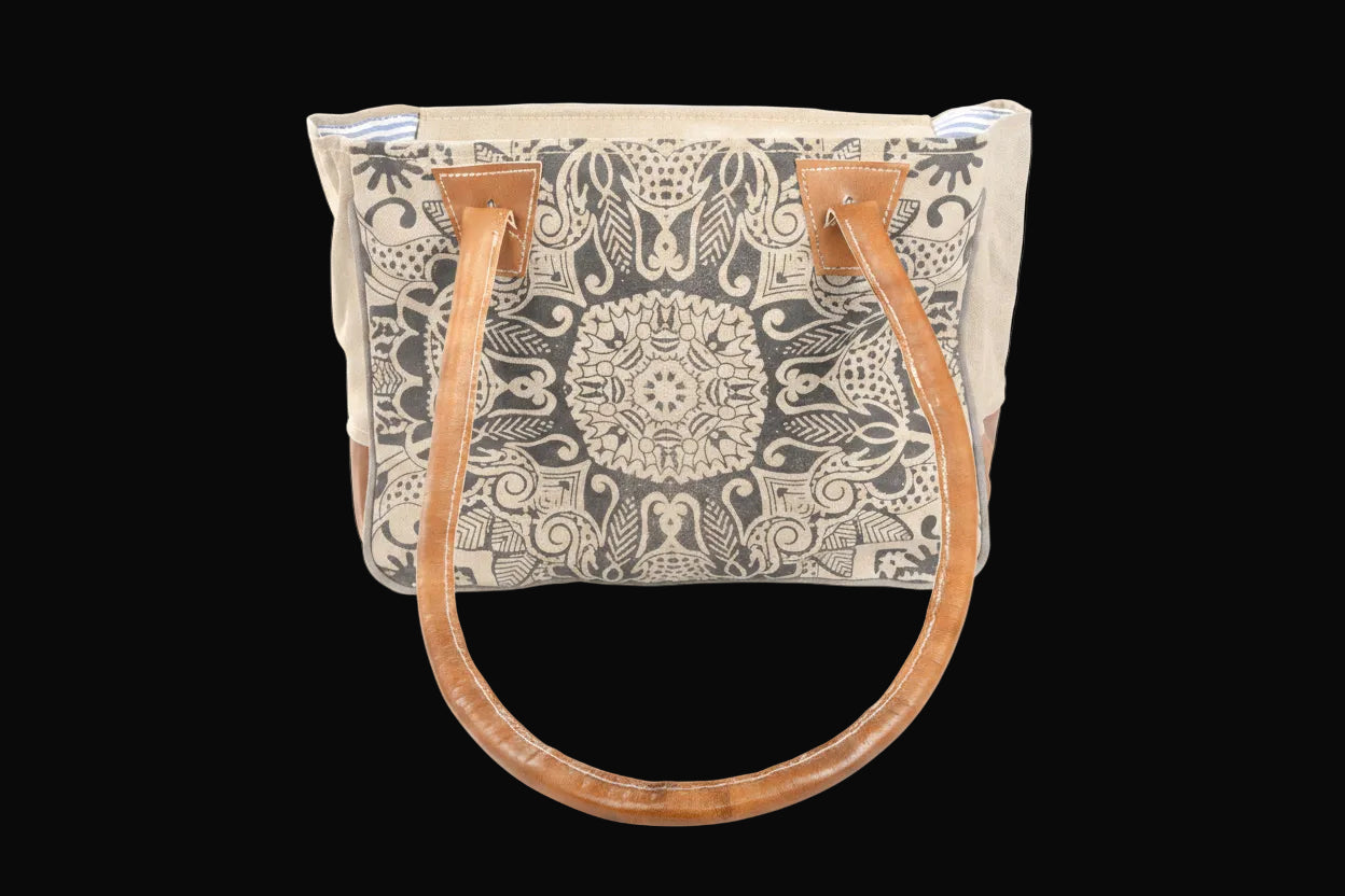 Tan Canvas Shoulder Bag With Print