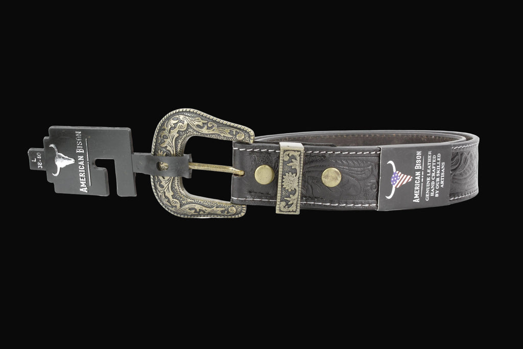 Black Tooled Leather Belt with Floral Filigree