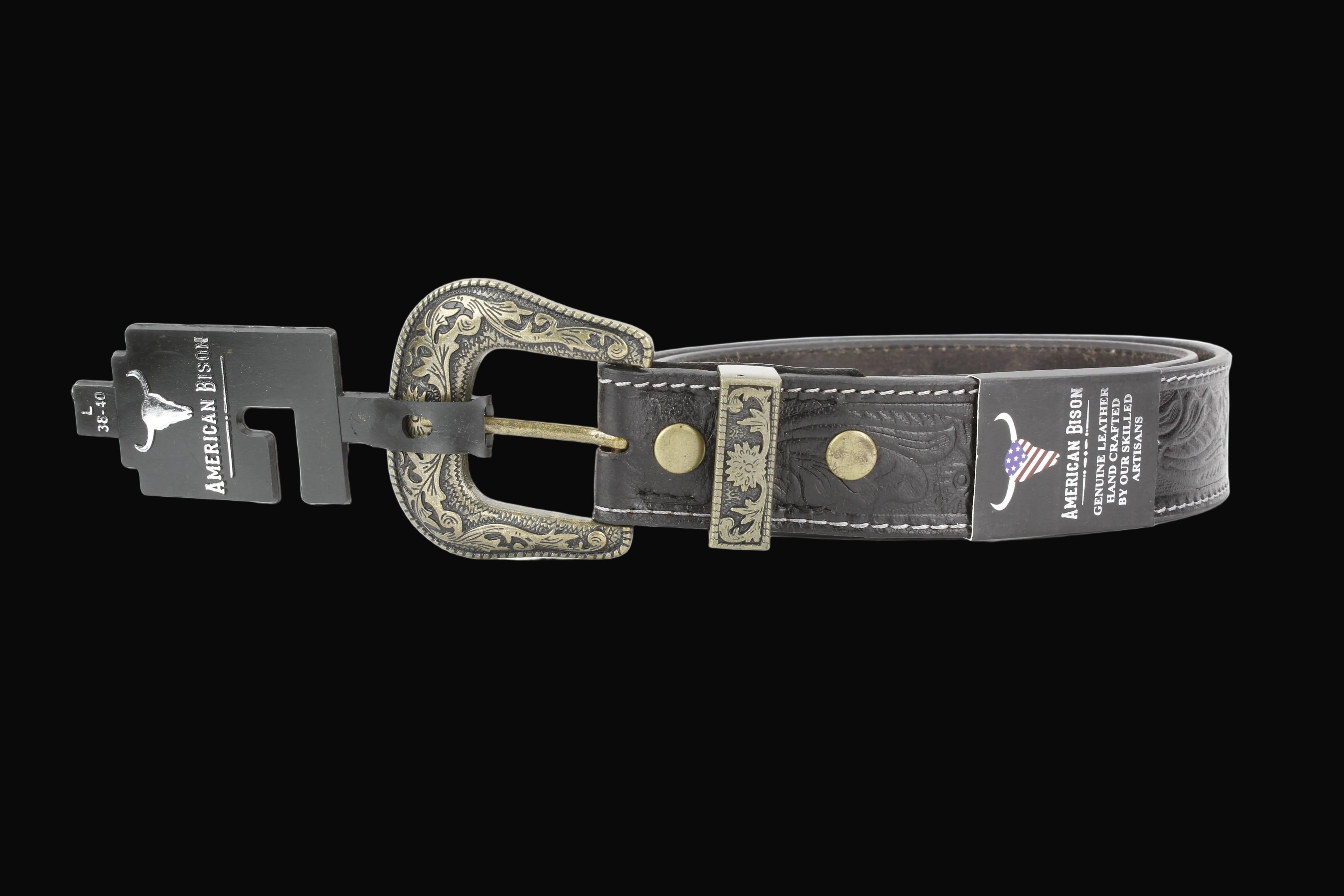 Black Tooled Leather Belt with Floral Filigree