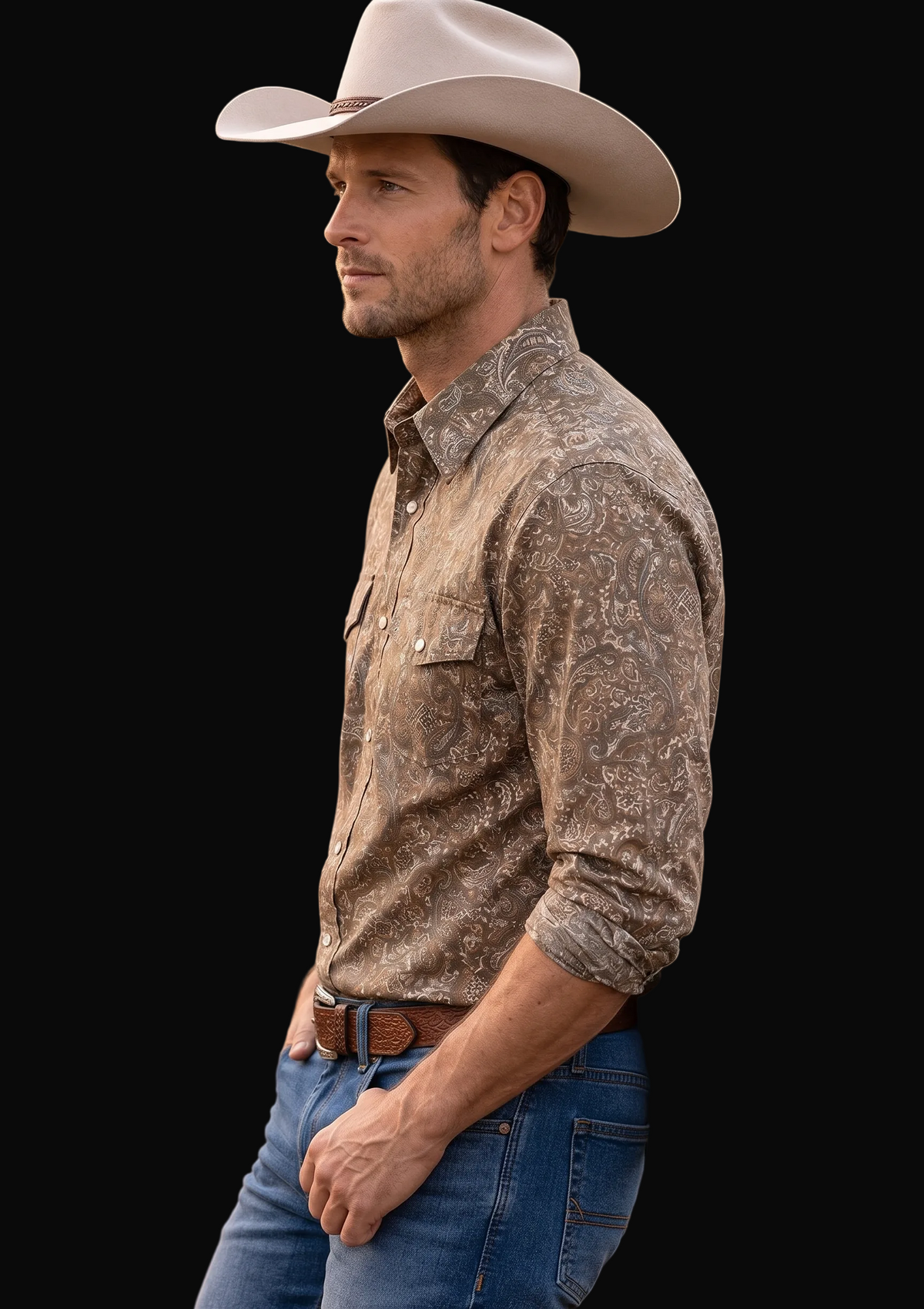 MontanaCo Mens Premium Cotton Western Snaps Long Sleeve Shirt: Brown