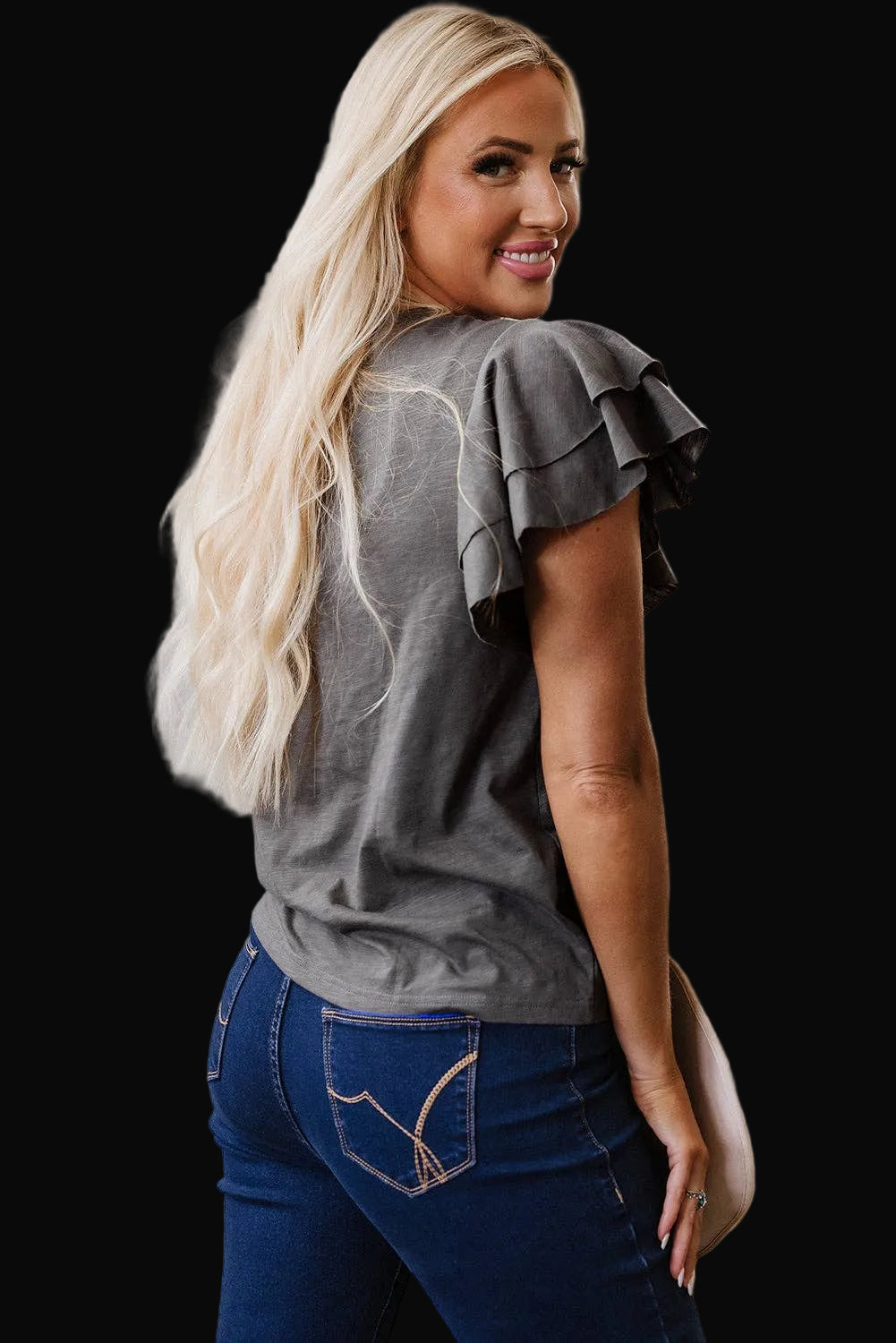 Dark Grey Ruffle Sleeve Tee Casual Summer Top: Dark Grey