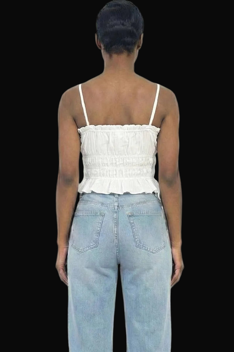 Tiered Shirred Body Crop Top: White