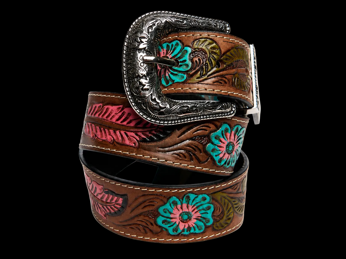 Tooled Leather Belt Turquoise Floral Accent