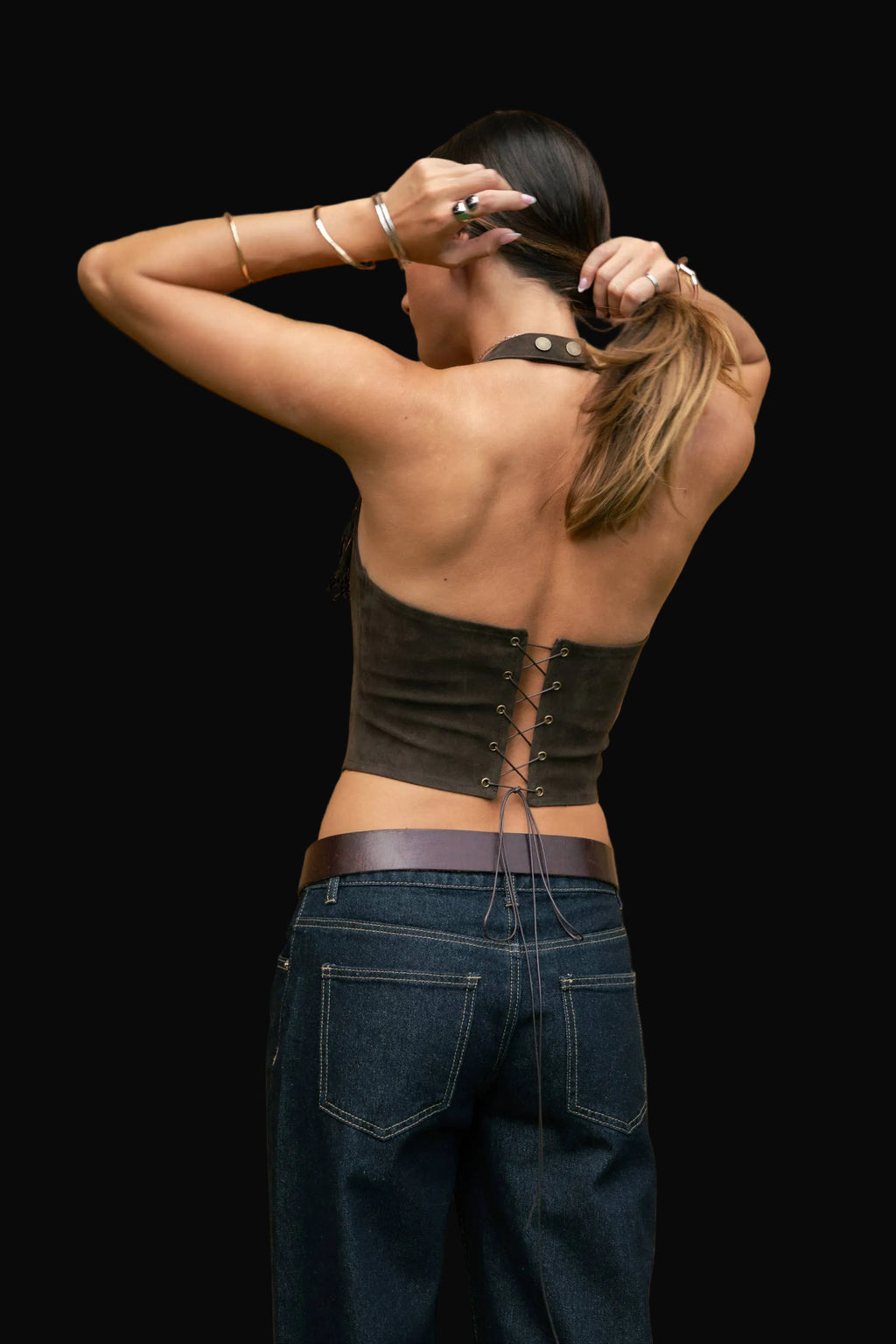 Low Open Back Faux Suede Fringe Halter Top