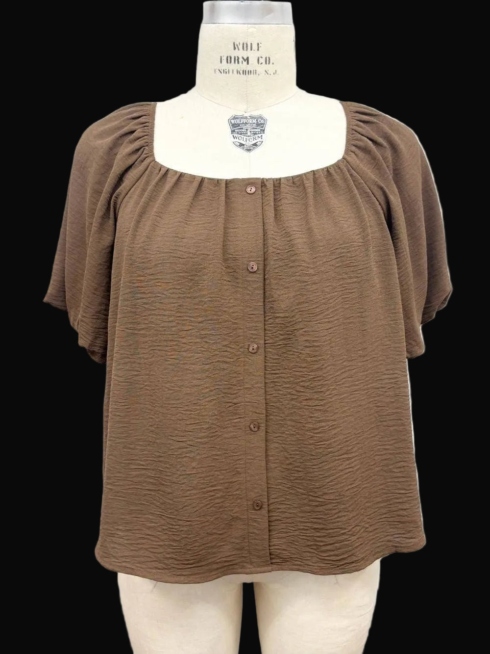 Plus Size Bubble Sleeve Button Front Blouse: Mocha