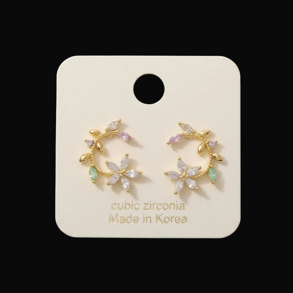 Leaf And Flower Circle Stud Earrings