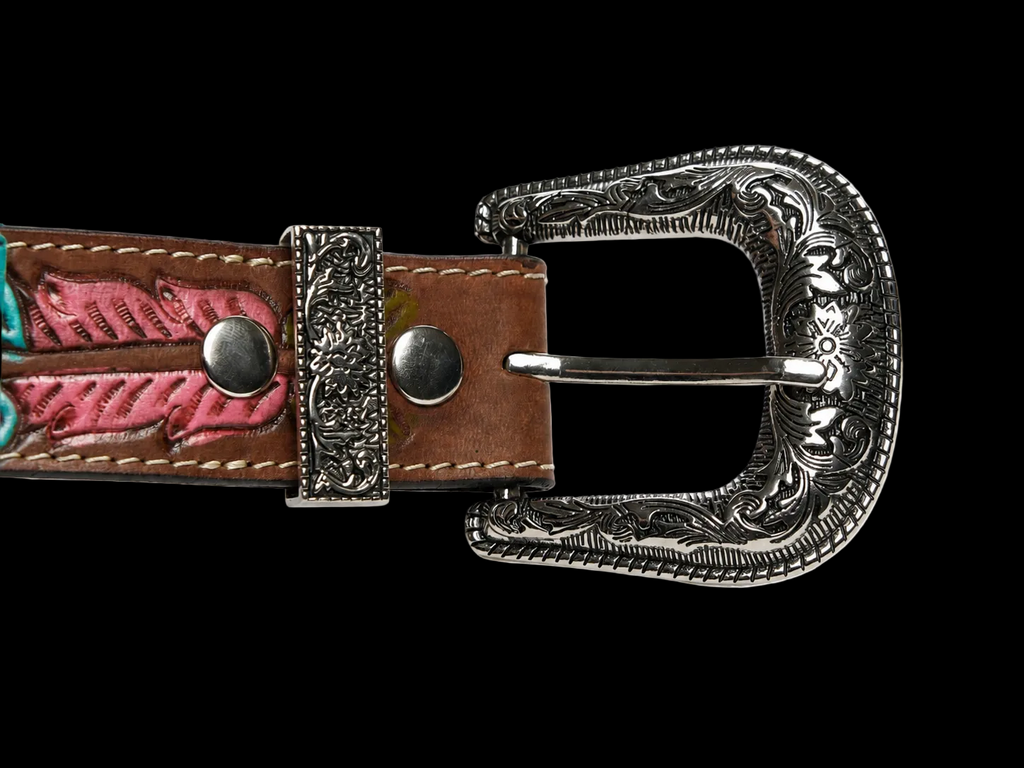 Tooled Leather Belt Turquoise Floral Accent