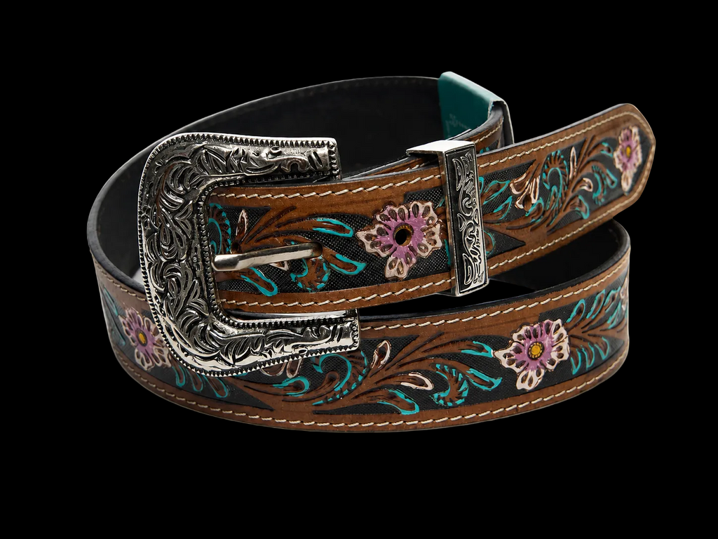 Leather Impressions Filigree Leather Belt with Floral Turquoise