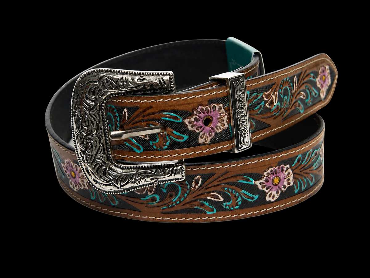 Leather Impressions Filigree Leather Belt with Floral Turquoise