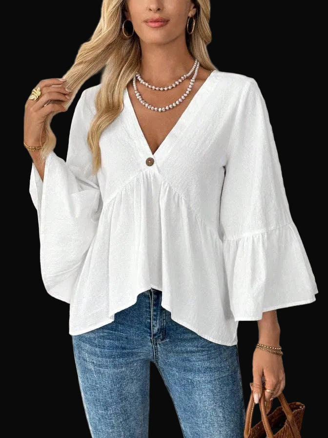 Cotton V-Neck Ruffle Sleeve Top Flowy Loose Blouse
