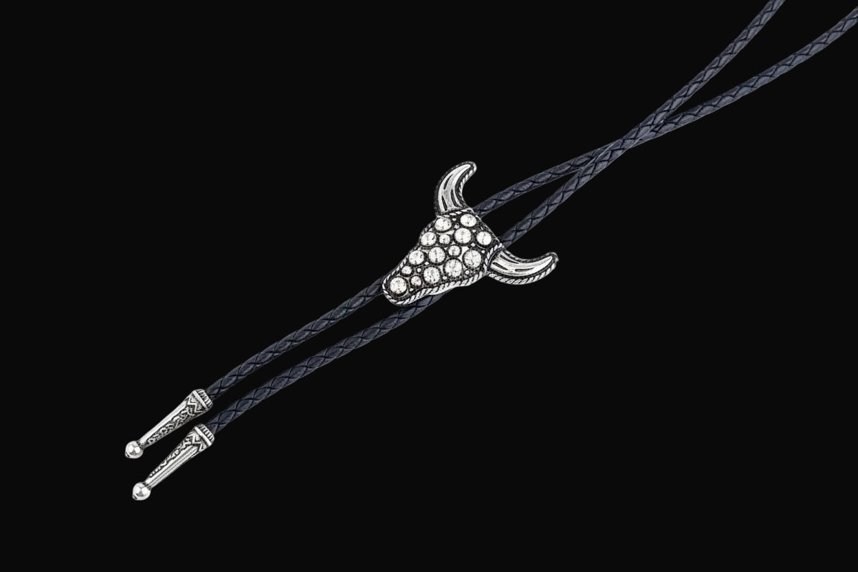 Western Style Bolo Tie Pendant w/ Leather Cord Necklace: Steerhead