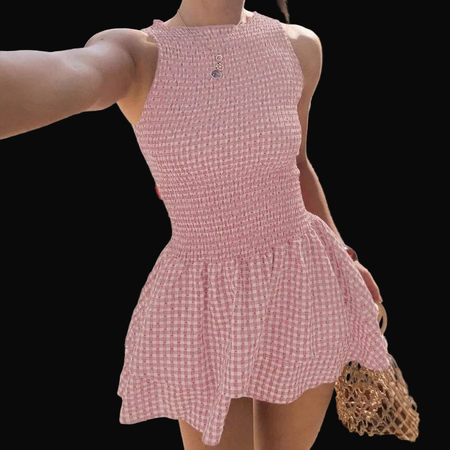 Women’s Smocked Gingham Sleeveless Ruffle Mini Dress