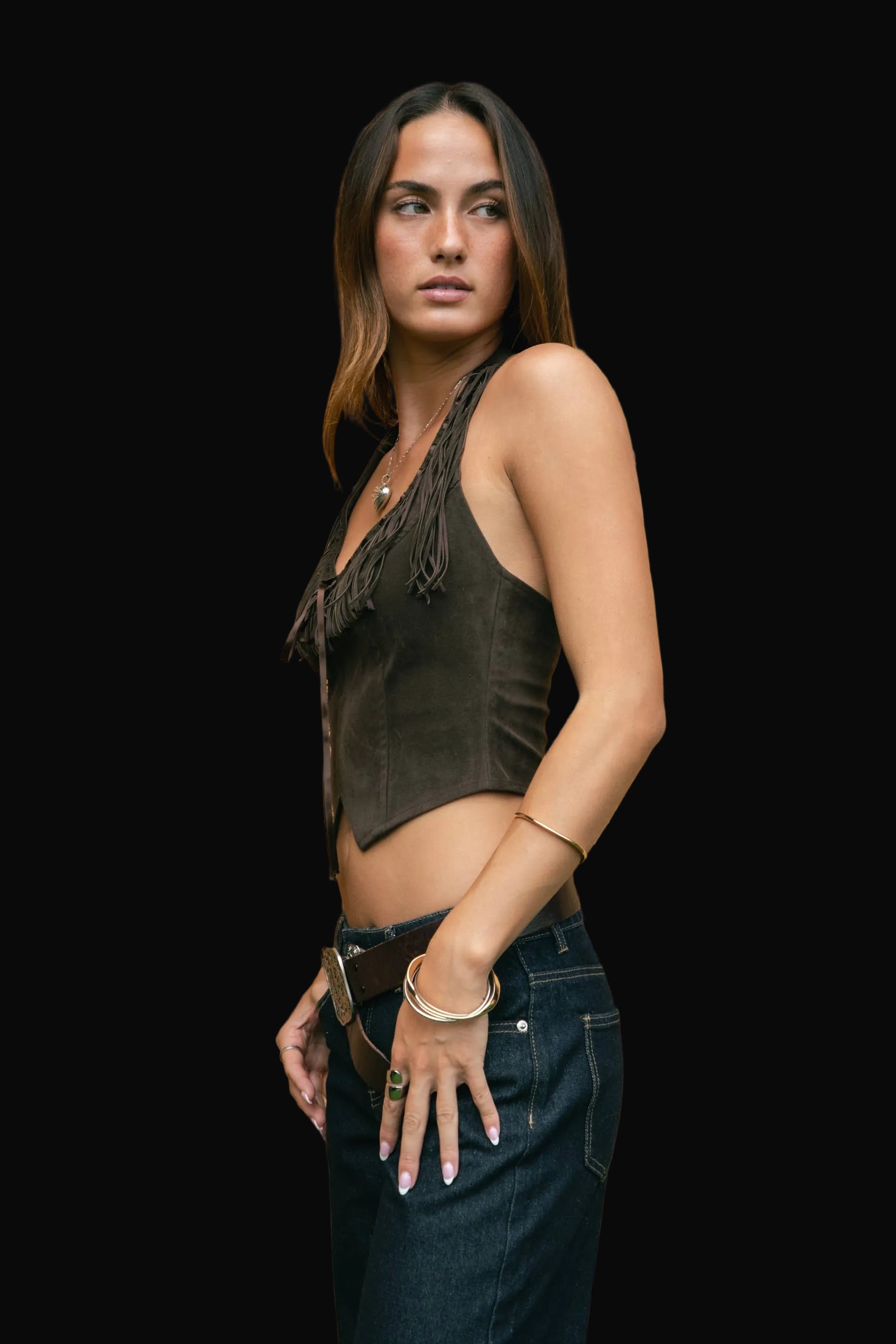 Low Open Back Faux Suede Fringe Halter Top