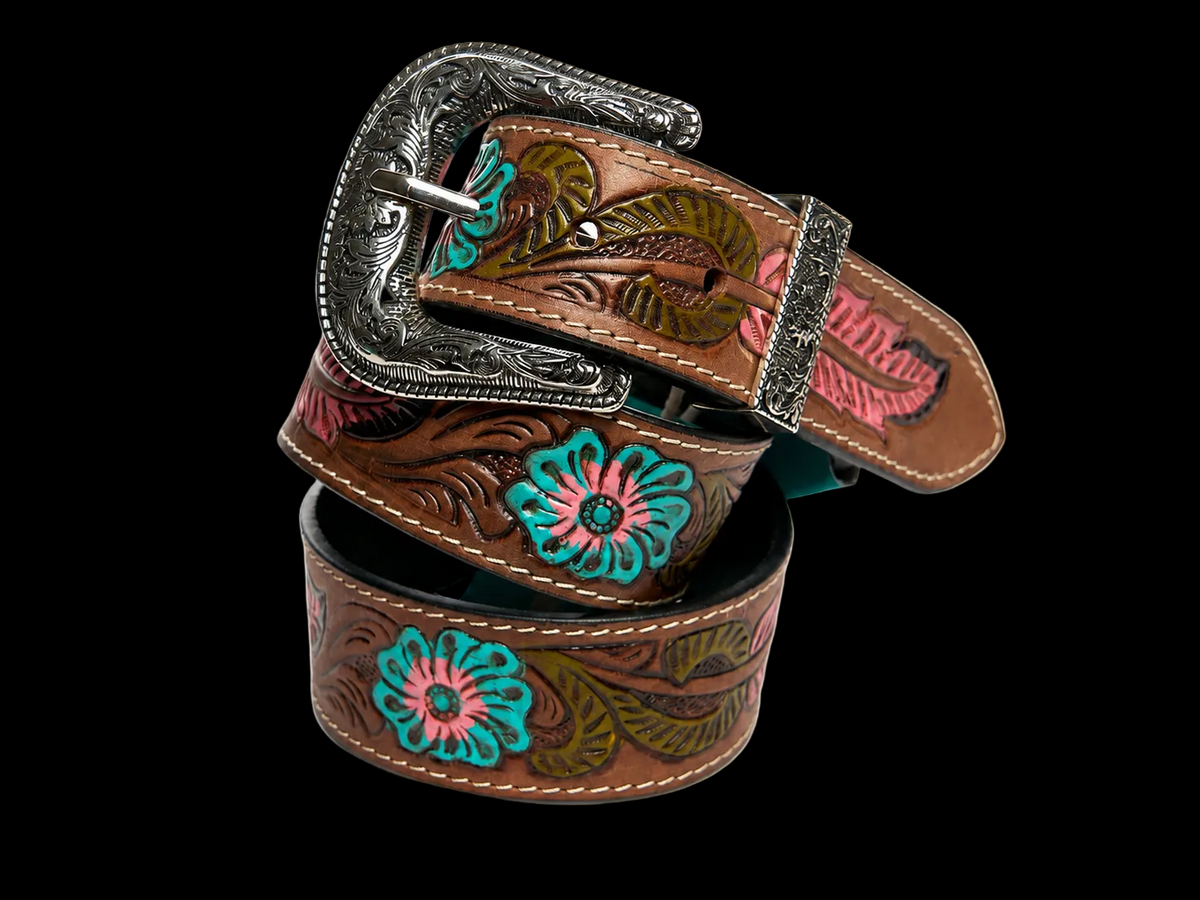 Tooled Leather Belt Turquoise Floral Accent