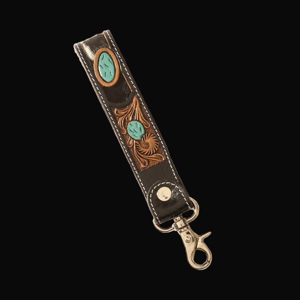 Myra Tallin Bloom Handtooled Leather Keyfob in Saddle Sky: Saddle Sky