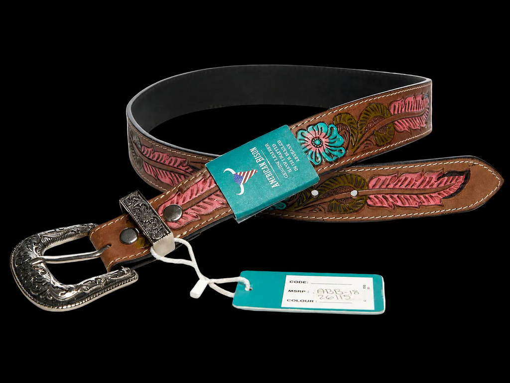Tooled Leather Belt Turquoise Floral Accent