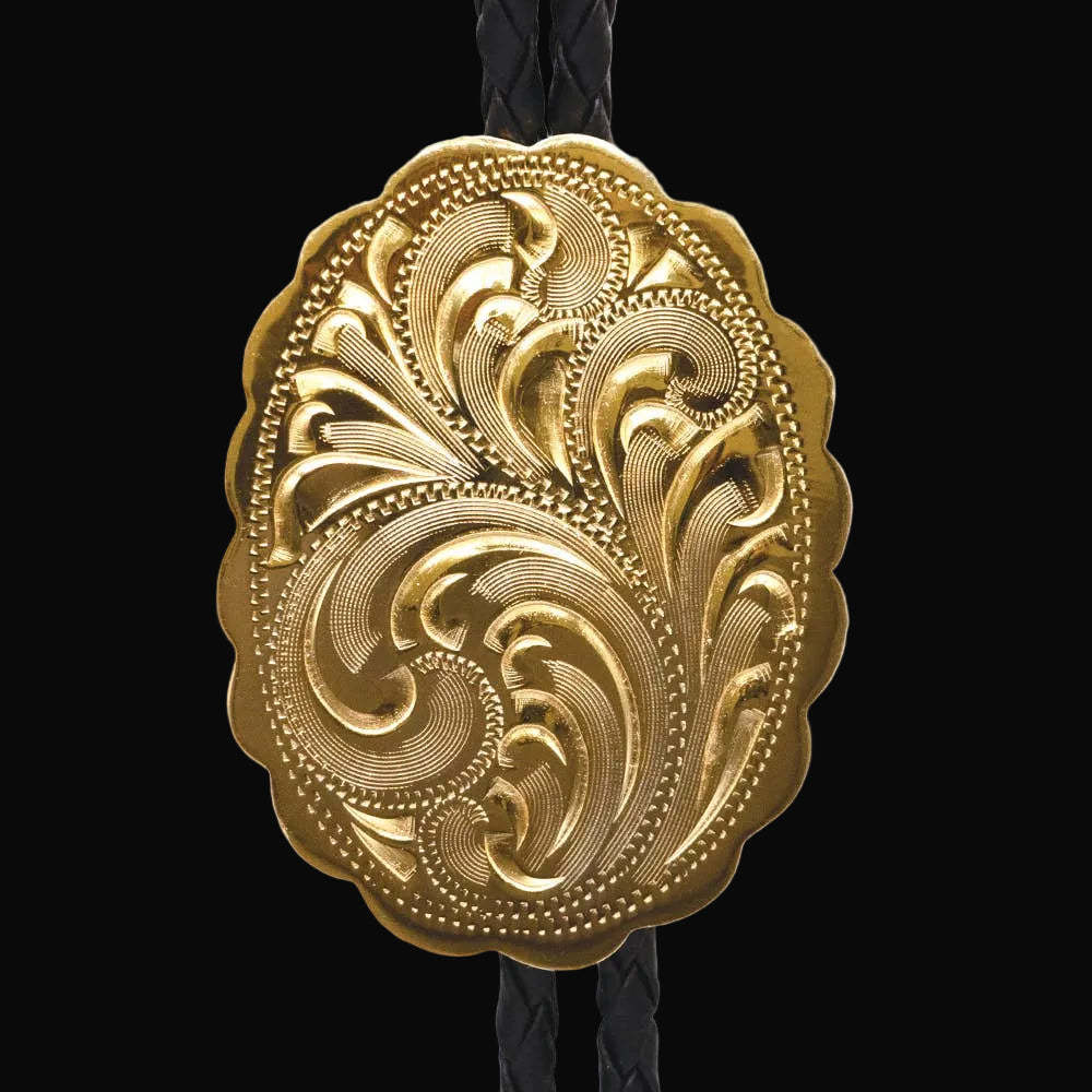 Engraved Gold Scalloped Oval German Silver Bolo Tie