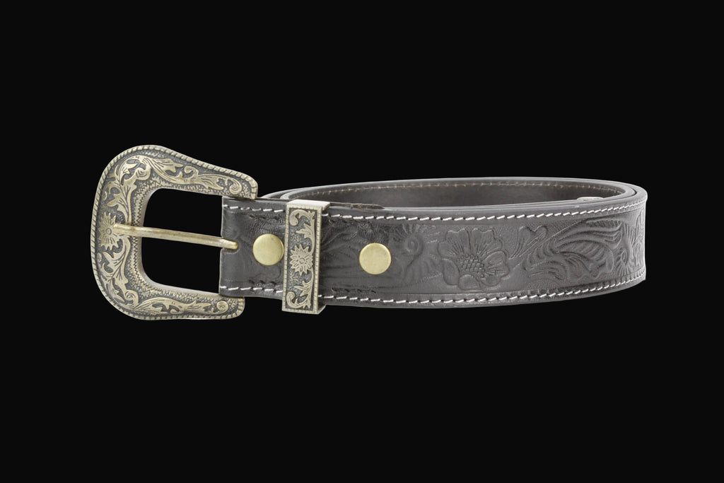 Black Tooled Leather Belt with Floral Filigree