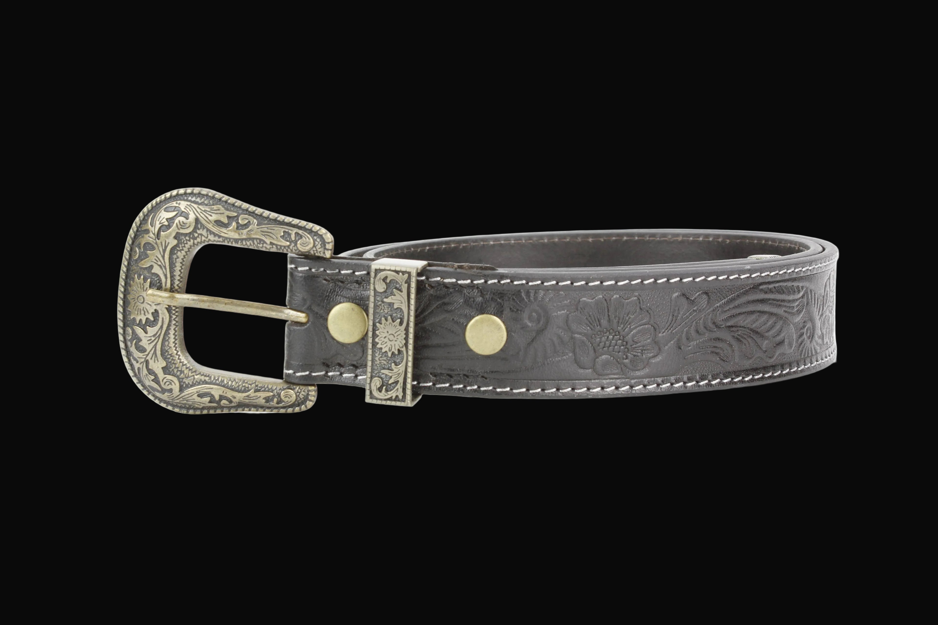Black Tooled Leather Belt with Floral Filigree