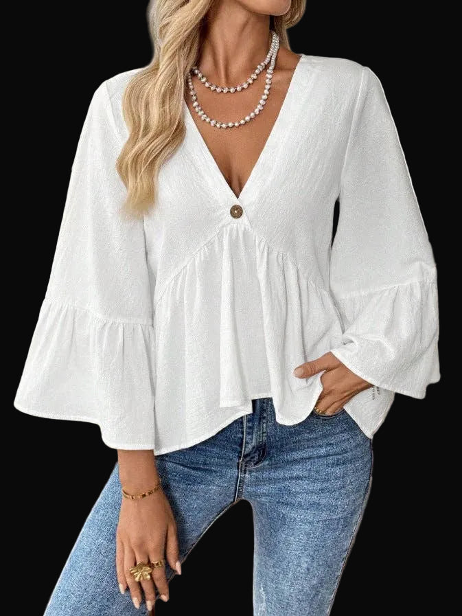 Cotton V-Neck Ruffle Sleeve Top Flowy Loose Blouse