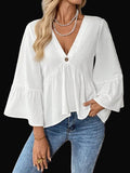 Cotton V-Neck Ruffle Sleeve Top Flowy Loose Blouse
