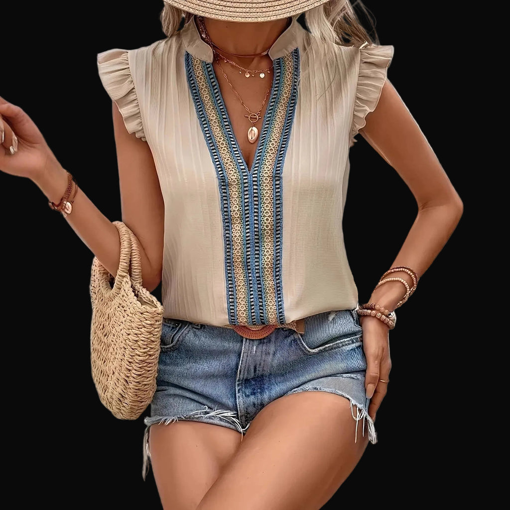 Women's Vintage Lace Collar Sleeveless Ruffle Blouse: Khaki